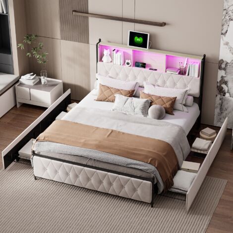 Polsterbett 140x200 cm, mit LED-Beleuchtung, USB-Ladefunktion, offenen Ablagefächern, vier Schubladen, Samt, Lattenrost, für Erwachsene und Jugendliche geeignet - Beige