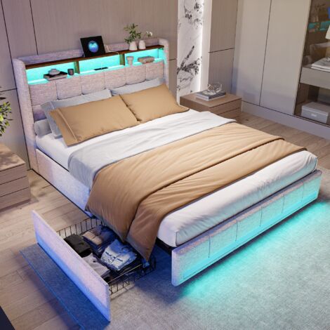 Polsterbett 160x200 cm, mit steuerbarem LED-Licht, 2 USB-Anschlüssen und 1 tpcy-c, vier Eisenschubladen, Leinen, geeignet für Erwachsene und Jugendliche - Beige