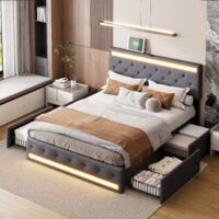 Polsterbett 140x190 cm, mit LED-Beleuchtung, USB- und Typ-C-Aufladung, 4 Eisenschubladen, Stauraum, Lattenrost, doppelt gepolstertes Polsterbett – Grau
