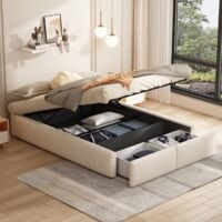 Doppeltes Polsterbett 140x200 cm, hydraulisches Boxspringbett, zwei Schubladen am Ende des Bettes, ohne Kopfteil, Stauraum, Bettwäsche – Beige
