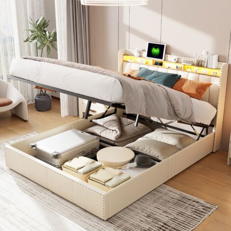 Letto contenitore 140x200 cm, con illuminazione LED, ricarica USB+Type-C, vano portaoggetti sul comodino, decorazione con rivetti, vano contenitore idraulico, rete a doghe - Beige