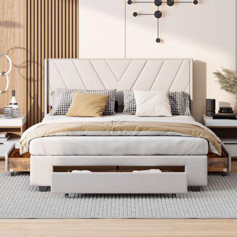 Letto matrimoniale 140x200 cm, con 3 cassetti in legno massello, lino, rete a doghe, struttura in metallo, adatto per adulti e ragazzi - Beige