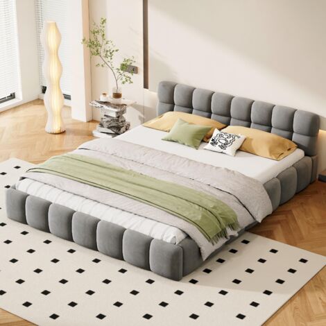 Letto 160x200 cm, con schienale morbido e struttura imbottita, rete a doghe, lino, adatto per adulti e ragazzi - Grigio (1/5)