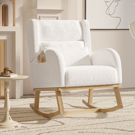 Sedia a dondolo con braccioli e tasche, supporto lombare, struttura in legno, stile Mid-Century Modern, velluto, sedia a dondolo imbottita in sherpa - Bianca (1/5)