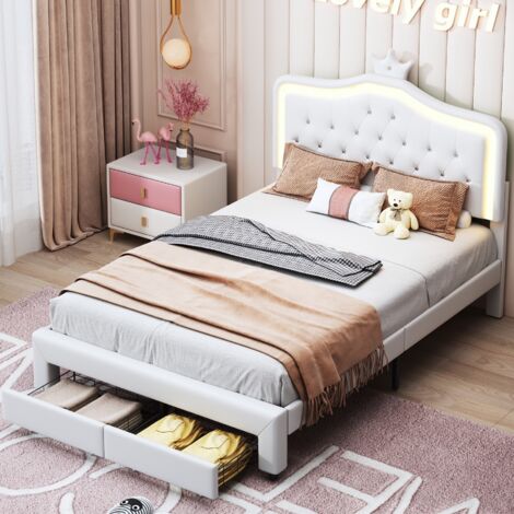 Letto matrimoniale 140x200 cm, con illuminazione a LED, decorazione a corona, con due cassetti, PU, rete a doghe, adatto per adolescenti e bambini - Bianco (1/5)