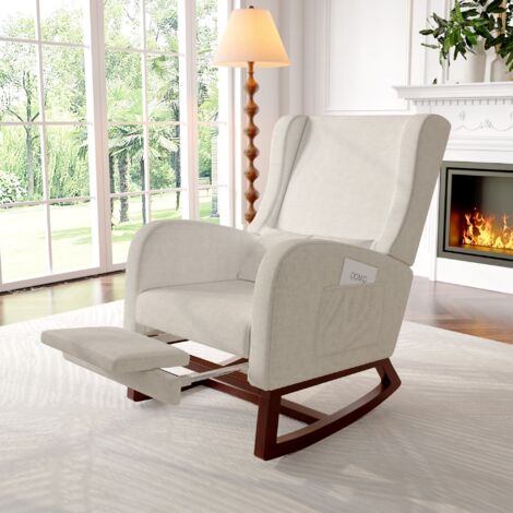 Sedia a dondolo, comoda sedia a dondolo in tessuto - braccioli con tasche su entrambi i lati, schienale imbottito, poggiapiedi telescopico, lino, stile scandinavo - Beige