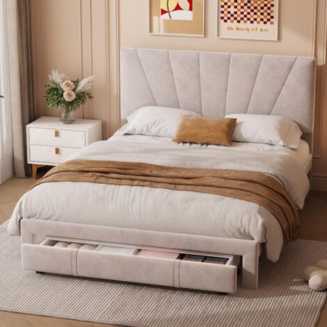 Letto 140x200 cm - letti con cassetti 160x200 - letto per adulti con schienale imbottito - velluto - stile scandinavo - rete a doghe - struttura in metallo - Beige (1/5)