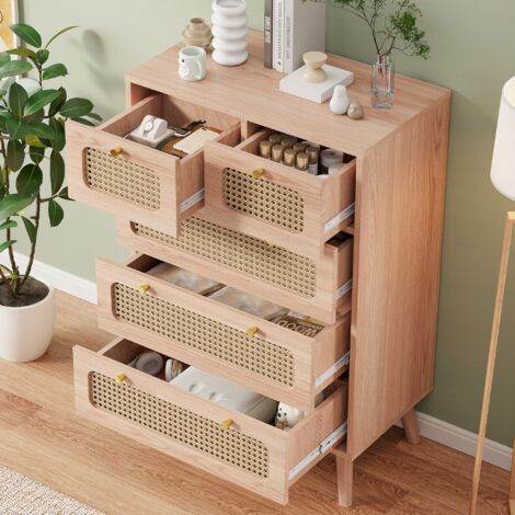 Cassettiera 60x34x91 cm, con 5 cassetti in rattan intrecciato, maniglie dorate, struttura in legno massello, MDF, stile country, per soggiorno e ingresso - legno naturale