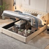Letto contenitore 160x200 cm - letto 160x200 cm - 2 cassetti ai piedi del letto - testiera con bottoni - velluto - contenitore idraulico - rete a doghe - Grigio