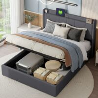 Letto contenitore matrimoniale 160x200 cm - con interfaccia 2USB+1type-c - letto imbottito - con funzione di sollevamento idraulico - con spazio di stoccaggio - materiale lino - adatto per adulti e ad
