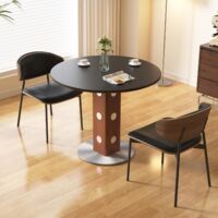 Runder Tisch mit Sintersteinplatte 90 cm, Holz-Metall-Gestell,schwarz