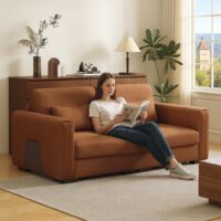 Modernes 2-Sitzer-Sofa aus Kunstleder, orange-braun, mit breiten Armlehnen