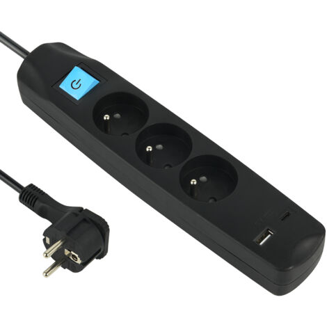 Bloc Multiprise 3 Prises Françaises + 2 USB 3.4A 17W A + 1 Type C, Avec Interrupteur on/Off, Fiche Extra Plate 90° 16A, Câble 1.5M (1/5)
