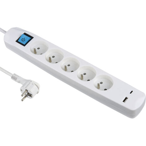Bloc Multiprise 5 Prises Françaises + 2 USB 3.4A 17W A + 1 Type C, avec Interrupteur on/Off, Fiche Extra Plate 90° 16A, Câble 1.5M (1/5)