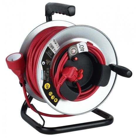 Enrouleur Jardin Professionnel avec Prolongateur en métal avec Platine Fixe, 40M, H05VV-F 3G1.5m, Avec Guide pour Le câble, Rouge (1/2)