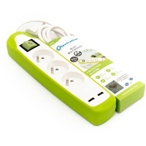 Bloc Multiprise 3 prises et 2 USB, Couverture en silicone protection contre chocs, Câble 2M, Fiche plat (1/3)