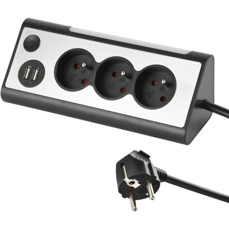 Electraline 35430, Bloc multiprises dâAngle, 3 Prises, 2 Ports USB Interrupteur on/Off pour éteindre/Allumer la LED, câble 1,5M, Gris/Noir