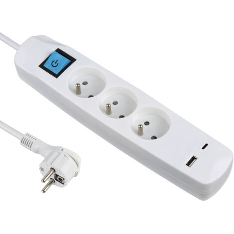 Bloc Multiprise 3 Prises Françaises + 2 USB 3.4A 17W A + 1 Type C, Avec Interrupteur, Fiche Extra Plate 90° 16A, Câble 1.5M, Blanc (1/5)