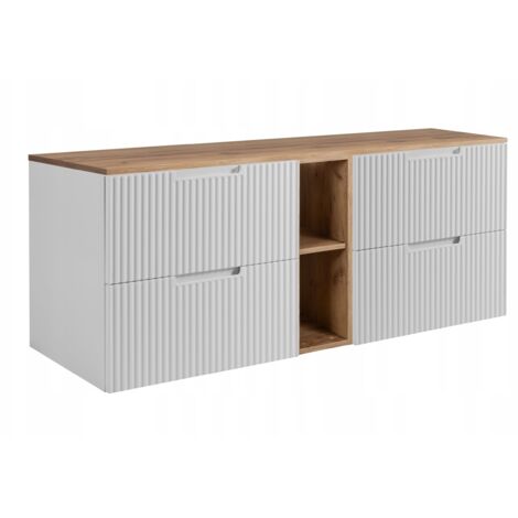 Vena Waschtischunterschrank - 140 cm - Weiß und Eiche - Modernes Design - Geriffelte Fronten
