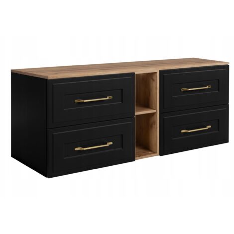 Waschtischunterschrank 140 cm - Schwarz und Eiche - Elegantes Design - Soft Close und Praktisch