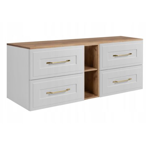 Waschtischunterschrank 140 cm - Weiß und Eiche - Elegantes Design - Soft Close