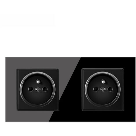 Double Wall Socket 16A French Standard, Glass Panel Power Outlet Black