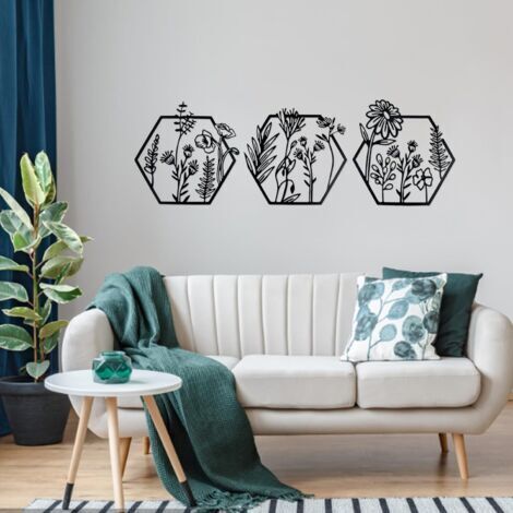Metall-Wanddeko, Metallblumen-Wanddekoration, 3-teiliges schwarzes Metall-Wandbild, minimalistische Linienblumen-Wanddeko für Schlafzimmer, Wohnzimmer, Büro, Wanddekoration
