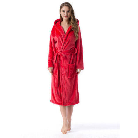 Bademantel für Erwachsene mit Kapuze – Weicher, saugfähiger Flanell – Rot, Größe XXL, mit 2 Taschen und Gürtel
