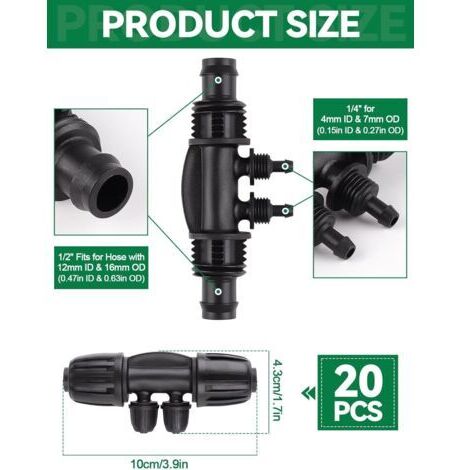 CCYKXAA 20 Stück verriegelbare T-Verbinder mit Widerhaken, 1/2 Zoll auf 1/4 Zoll Tropfbewässerungs-Anschlussset 12/16 mm 4/7 mm verriegelbarer Schlauchverbinder 4-Wege-Schlauchverbinder mit Widerhaken (1/4)