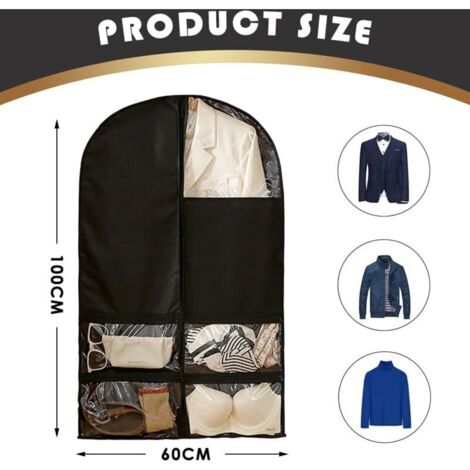 Kleidersäcke zum Aufhängen, 2 Stück, 60 x 100 cm, staubdicht, feuchtigkeitsbeständig, für Damen und Herren, mit Reißverschluss und Aufbewahrungstaschen, geeignet für Kleider und Mäntel (Schwarz) (1/3)