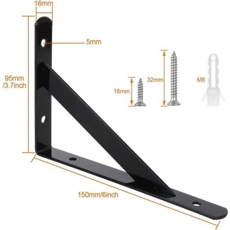 Wandregalhalterungen, 10 Stück 90-Grad-Dreieckstahlhalterungen, 150 mm x 95 mm Regalhalterungen, Eckverstrebung mit 50 Schrauben und 20 Dübeln (Schwarz) (1/3)