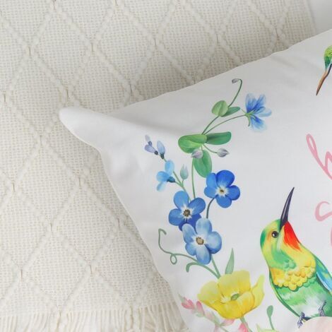 Kissenbezug mit Frühlingsblumenmotiv, 45 x 45 cm, Kolibris, bunte Blumen, dekorativer Kissenbezug für Sofa, Wohnzimmer, Schlafzimmer, Stuhl, Garten, Heimdekoration, 4-teilig (1/4)