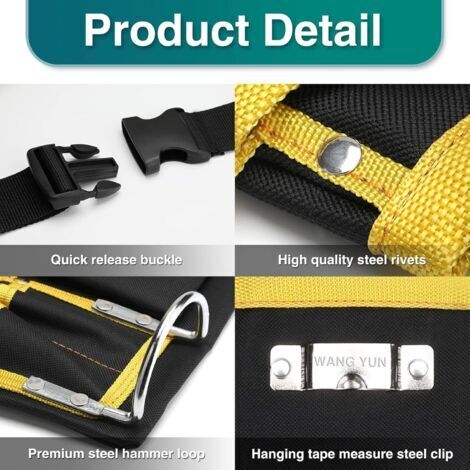 Verstellbarer Werkzeuggürtel aus Oxford-Gewebe – 11 Taschen und 2 Hammerschlaufen – Länge 53–109 cm – Für Elektriker und Heimwerker (1/4)