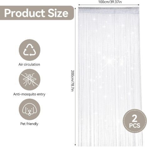 CCYKXA 2-teiliges Fadenvorhang-Set, 100 x 200 cm, Perlenvorhang mit Glitzereffekt, weißer Fadenvorhang für Türen, Raumteiler, Fliegengitter für Außentüren, für Hochzeiten, Cafés, Fensterdekoration