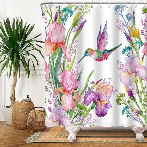 CCYKXA 180x180cm Duschvorhang mit Aquarellblumen und Vögeln, bunten Kolibris, Pflanzen und Blumen, lustigen Badezimmervorhängen mit Tiermotiven und Frühlingslandschaft, inklusive Haken für Badewanne u