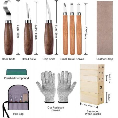 Schnitzmesserset mit Holzblöcken, Holzschnitzset für Erwachsene und Kinder (Anfänger), Set beinhaltet 6 Holzschnitzmesser, 8 Holzblöcke und vergrößerte Handschuhe. (1/4)