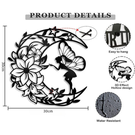 Schwarze Metall-Wanddekoration, Mondblumen-Feen-Metall-Wandskulpturen, Dekoration für Mädchenzimmer, Wohnzimmer, Garten, Badezimmer (30 x 30 cm)