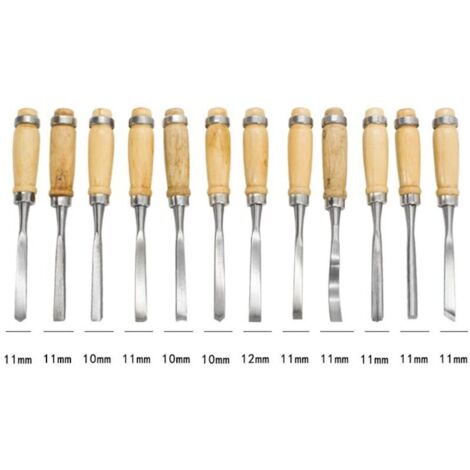 Professionelles Holzmeißelset, Holzbearbeitungswerkzeug für Tischlerarbeiten und Schnitzereien, Handmeißel mit Holzgriffen und Aufbewahrungskoffer (12-teiliges Set) (1/3)