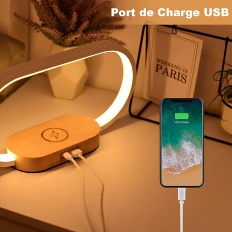 Nachttischlampe mit kabelloser Ladefunktion, Touch-Steuerung und USB-Anschluss, Induktionsladegerät mit Uhr, Tischlampe mit 3 Farbmodi und dimmbarer Helligkeit, Holz & Weiß