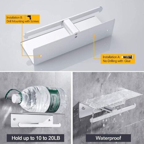 Wandmontierter Toilettenpapierhalter aus Aluminium, hygienischer Doppelrollenhalter mit Ablagefläche, kein Bohren erforderlich, mit Kantenschutz und Absturzsicherung für Bad/WC, Silber (1/3)