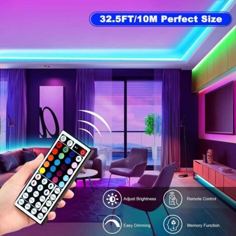 10 m LED-Streifenleuchte, RGB-LED-Streifen fürs Schlafzimmer, 300 LEDs, 5050 RGB, IP65 wasserdicht, 44-Tasten-Fernbedienung (10 m) (1/3)