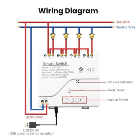Tuya ZigBee 4-Kanal RF433 Smart-Schaltmodul, Smart-Home-Automatisierung, DIY-Leistungsschalter, Funkrelais, Sprachsteuerung
