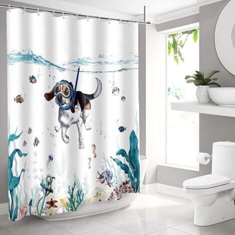 Tenda da bagno con simpatico cane subacqueo, tenda da doccia con animali marini, in poliestere, 180x180 cm, impermeabile, resistente, accessorio decorativo moderno per il bagno con 12 ganci (1/3)