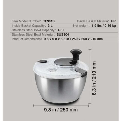 Centrifuga per insalata in acciaio inox da 4,75 litri, asciuga verdure con una sola mano, con ciotola in acciaio inox 304, senza BPA, ideale per verdure a foglia verde, erbe aromatiche, frutti di bosc