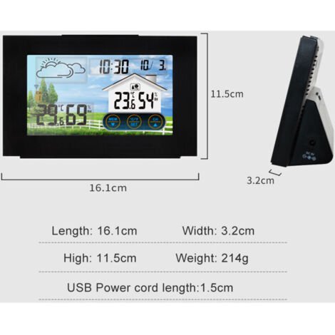 Stazione meteorologica SJLERST con termometro e igrometro per interni ed esterni, sensore, touchscreen a colori, sveglia, calendario con funzione snooze, retroilluminazione regolabile e porta di ricar