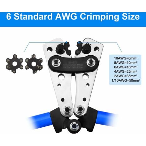 Pinza crimpatrice + kit da 60 capicorda - AWG 10-0, 6/10/16/25/35/50 mm² TEENO, Tagliacavi multifunzione con impugnatura antiscivolo per elettricisti (1/3)