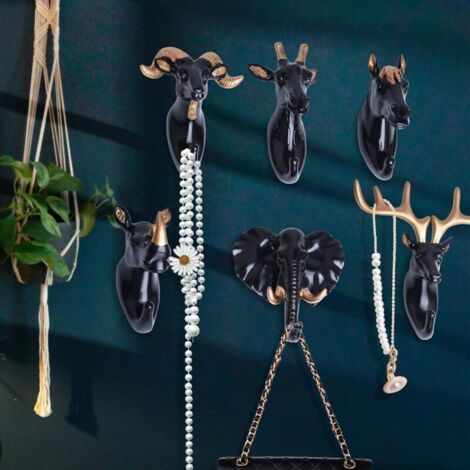 Set di 6 appendiabiti da parete a forma di testa di animale (cervo, elefante, capra) - Ganci decorativi creativi in resina in stile retrò vintage per porta, ingresso, camera da letto, bagno