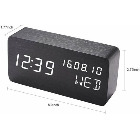 (Nero) Sveglia digitale in legno con controllo del suono a LED, doppia alimentazione a batteria USB, sveglia silenziosa in legno con LED, decorazioni per la casa