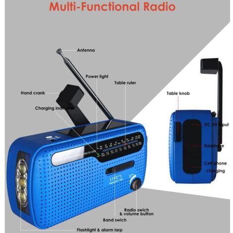 Radio portatile FM/AM (MW)/SW, radio a transistor alimentata a manovella, a batteria, a rete elettrica o solare, radio meteo di emergenza con torcia a 3 LED e caricabatterie per telefono. (1/3)