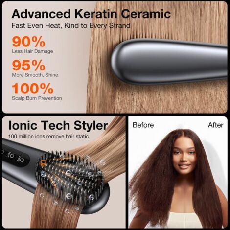 Piastra per capelli, pettine lisciante elettrico senza fili, tecnologia agli ioni negativi che non danneggia i capelli, senza fili e portatile.